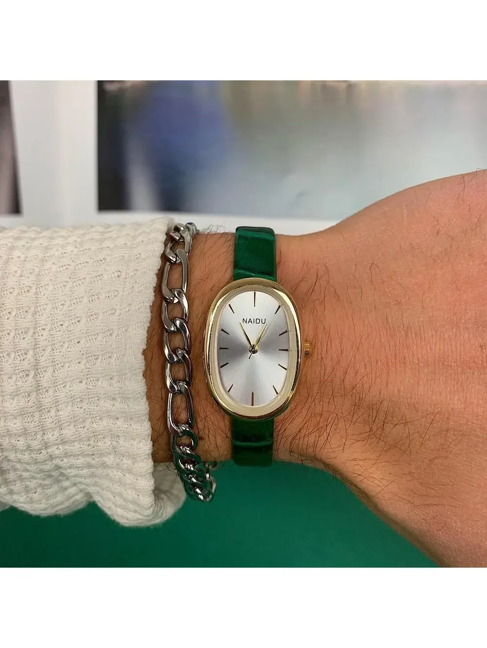 Y2k style green leather gold and silver luxury classy sport watch